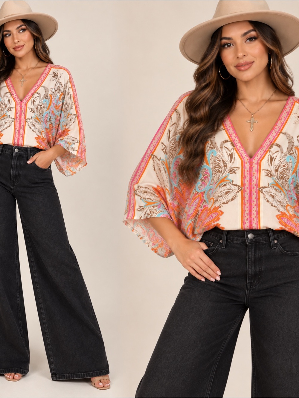 Rose & Olive V-Neck Boho Tunic in Cream, Coral & Turquoise